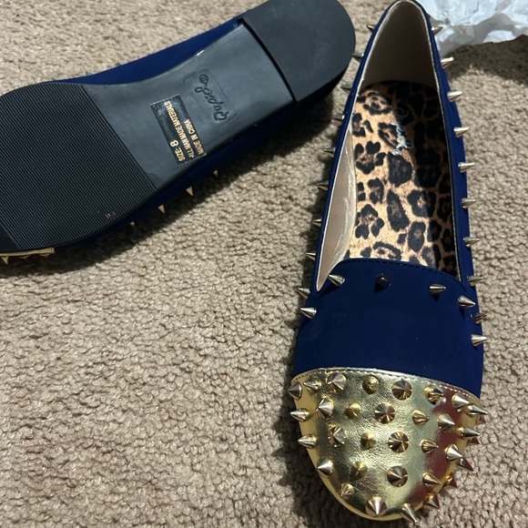 Qupid Shoes - Royal Blue and Gold Studded Flats